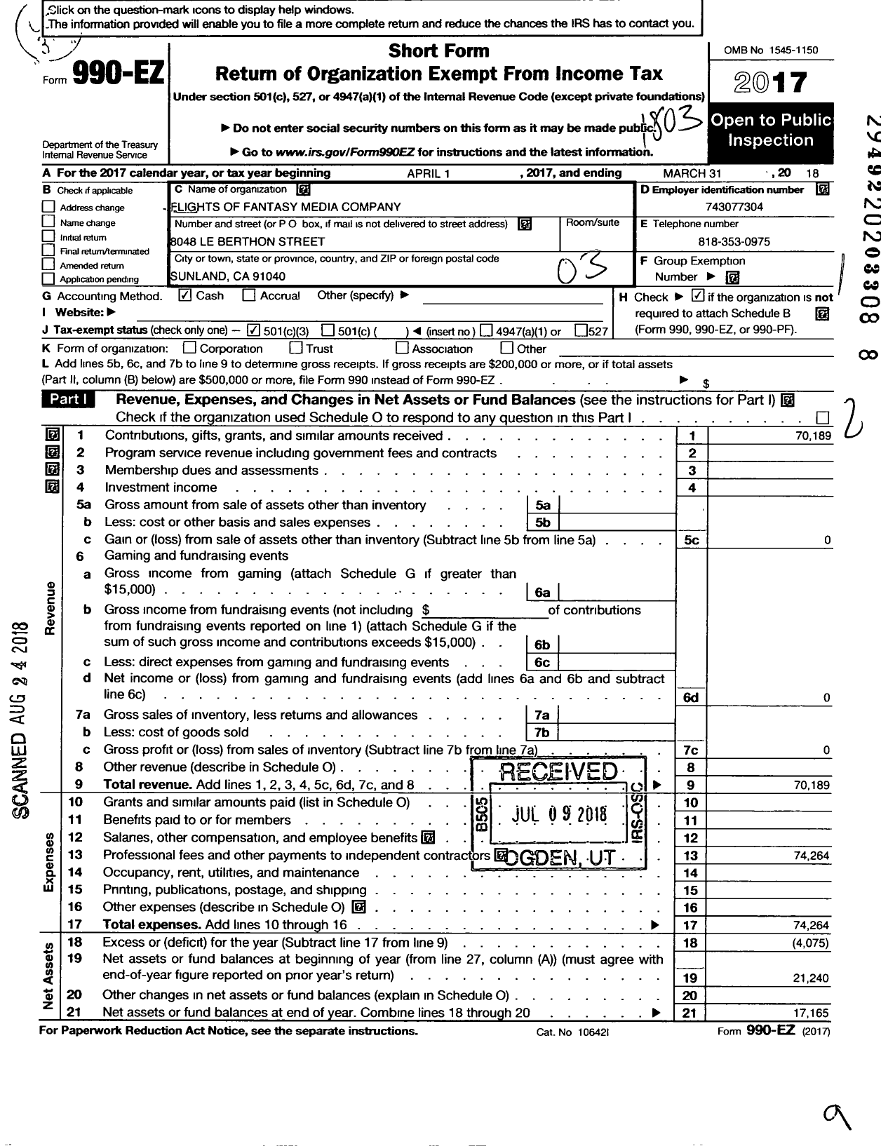 Image of first page of 2017 Form 990EZ for Flights of Fantasy Media Company