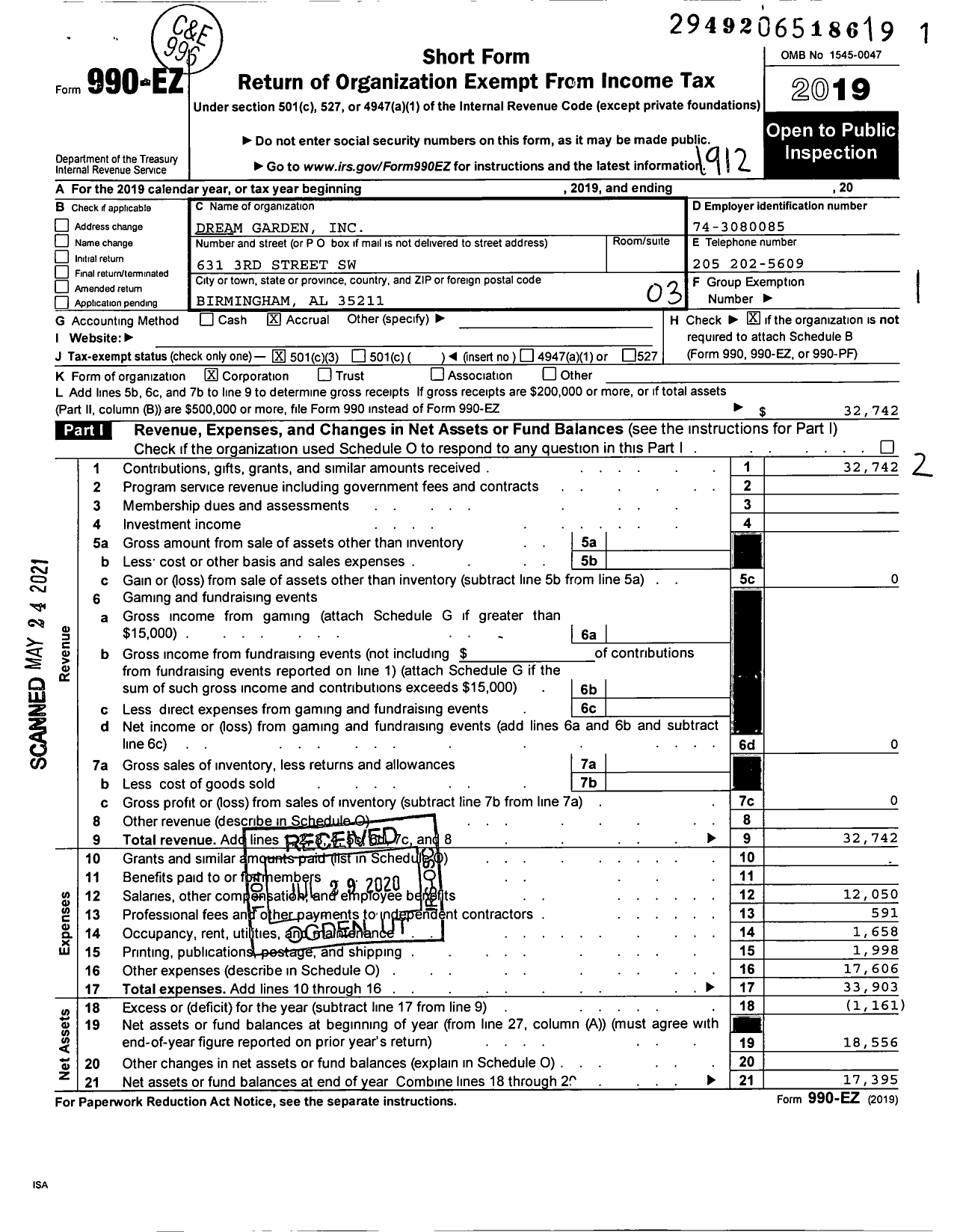 Image of first page of 2019 Form 990EZ for Dream Garden