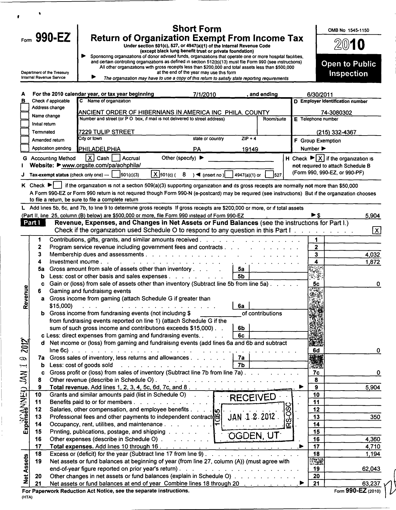 Image of first page of 2010 Form 990EO for Ancient Order of Hibernians in America Phila County