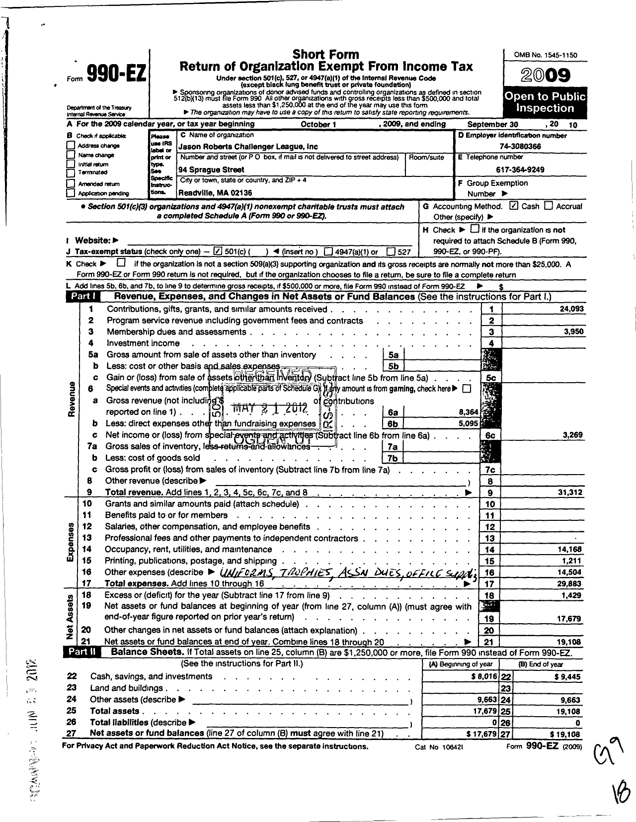 Image of first page of 2009 Form 990EO for Jason Robert Challenger League