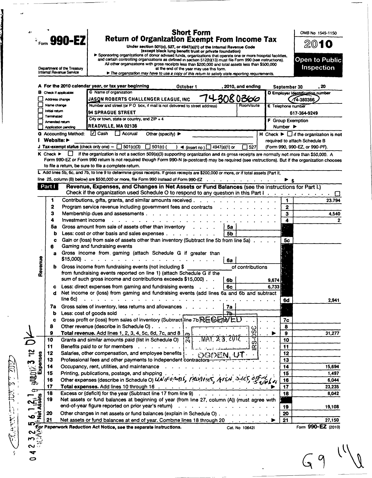 Image of first page of 2009 Form 990EO for Jason Robert Challenger League