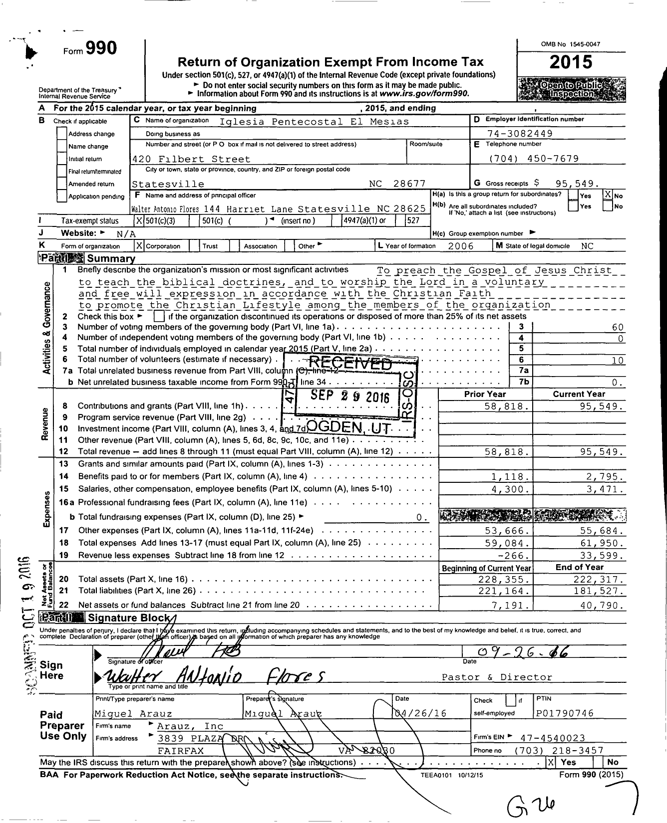 Image of first page of 2015 Form 990 for Iglesia Pentecostal El Mesias