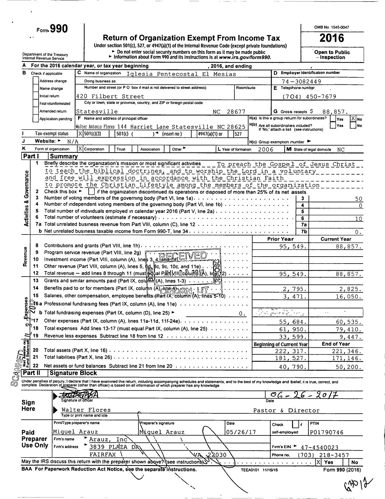 Image of first page of 2016 Form 990 for Iglesia Pentecostal El Mesias