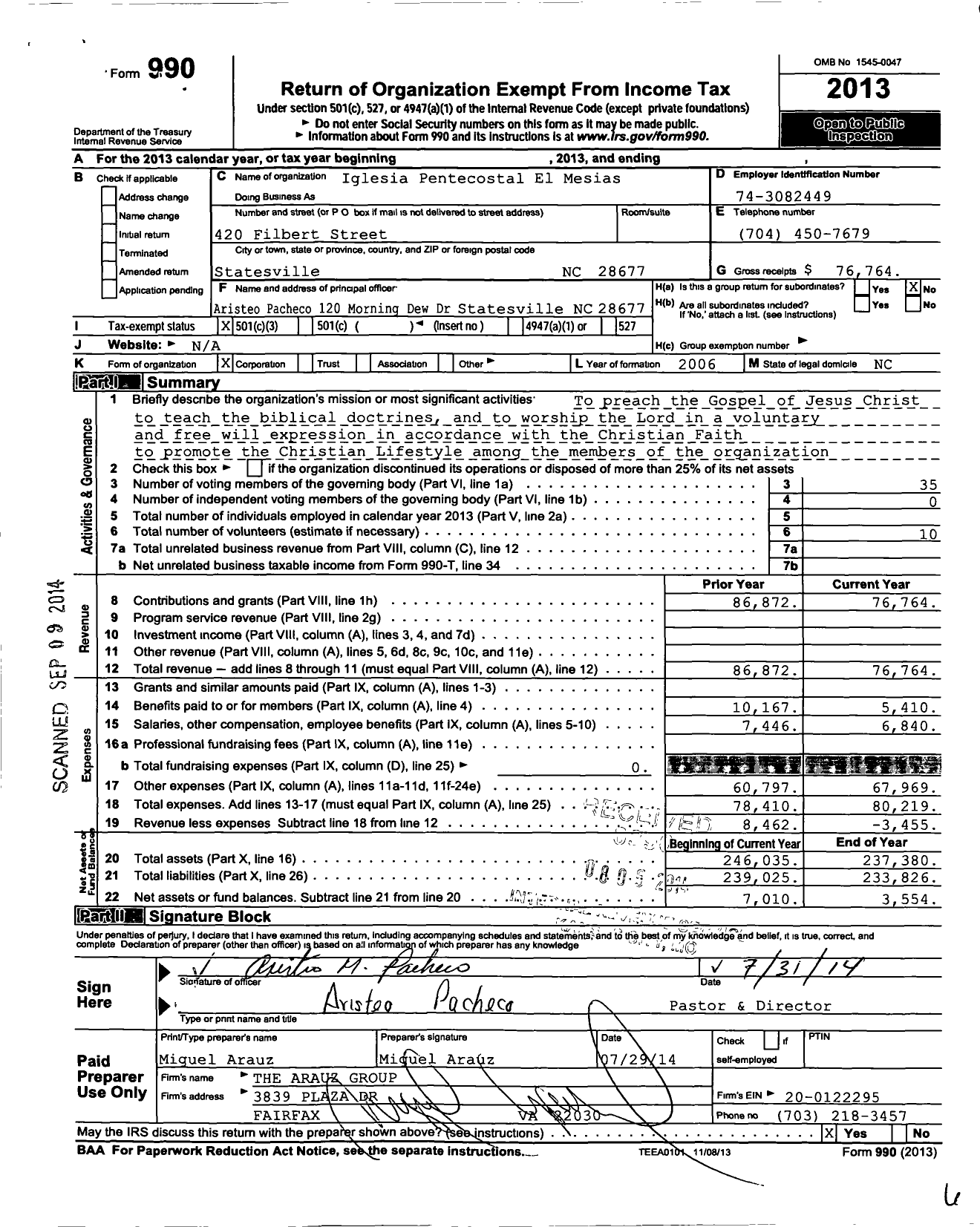 Image of first page of 2013 Form 990 for Iglesia Pentecostal El Mesias