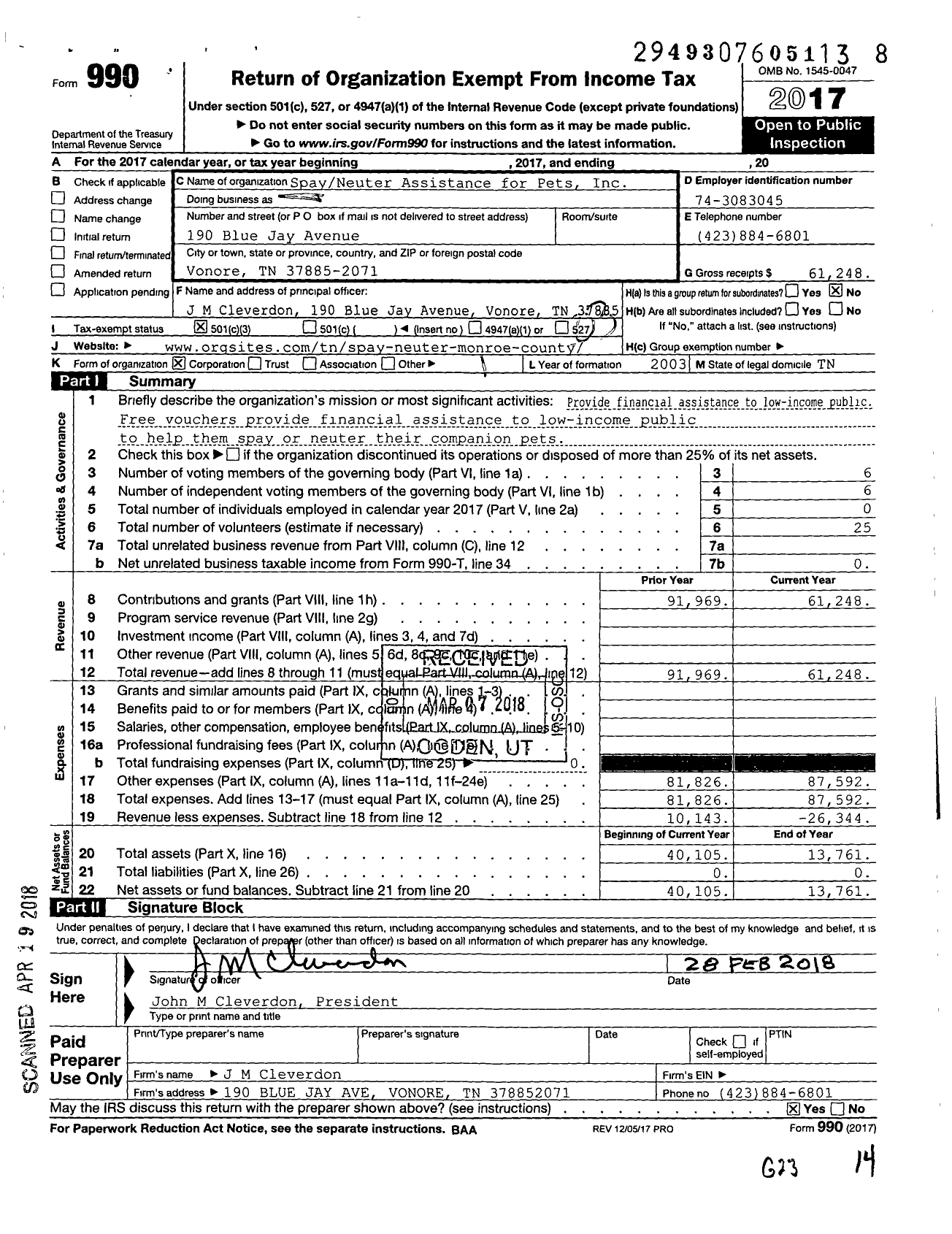 Image of first page of 2017 Form 990 for SpayNeuter Assistance for Pets