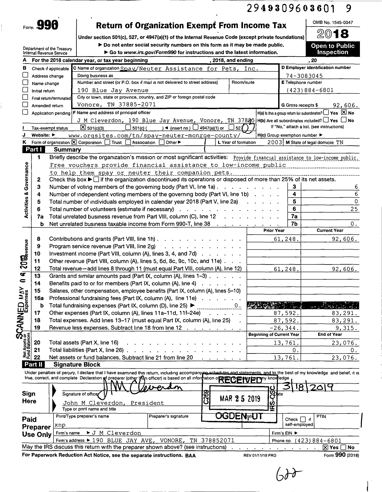 Image of first page of 2018 Form 990 for SpayNeuter Assistance for Pets