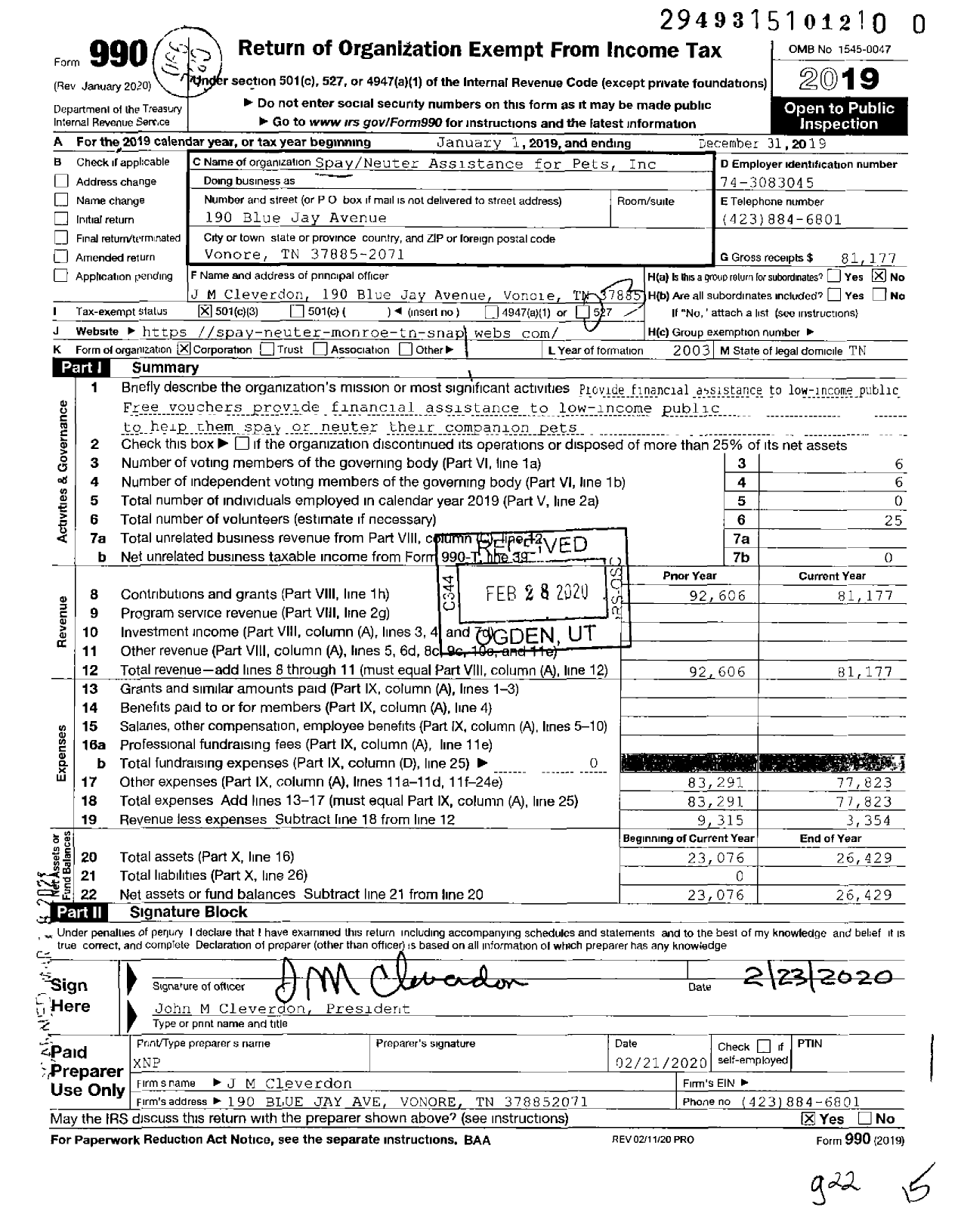 Image of first page of 2019 Form 990 for SpayNeuter Assistance for Pets