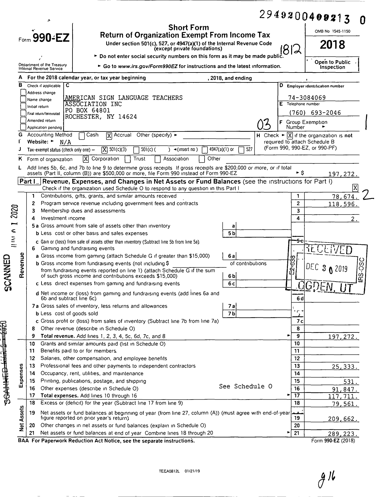 Image of first page of 2018 Form 990EZ for American Sign Language Teachers Association (ASLTA)