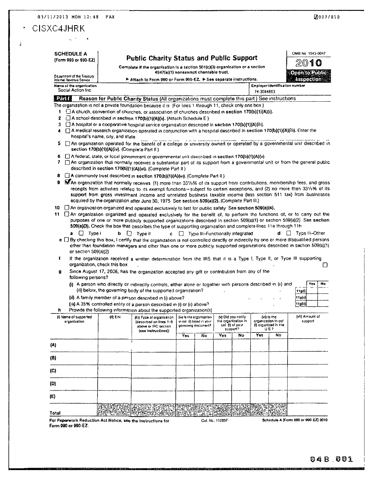 Image of first page of 2010 Form 990ER for Social Action