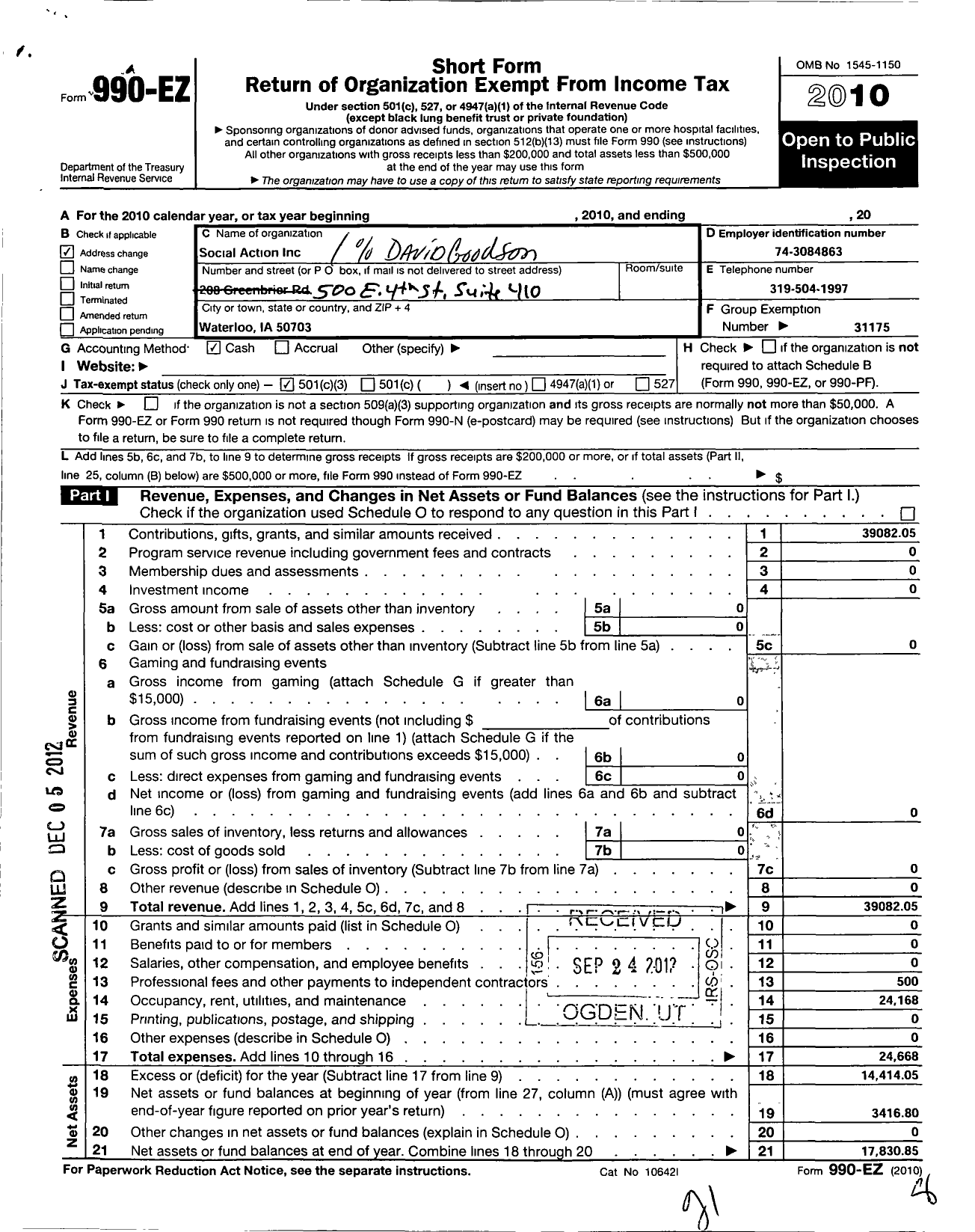 Image of first page of 2010 Form 990EZ for Social Action