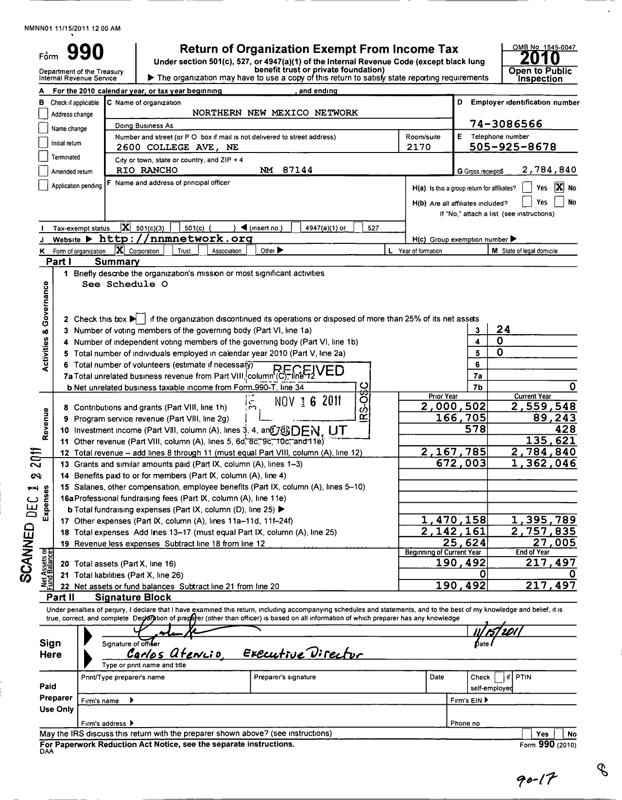 Image of first page of 2010 Form 990 for Northern New Mexico Network