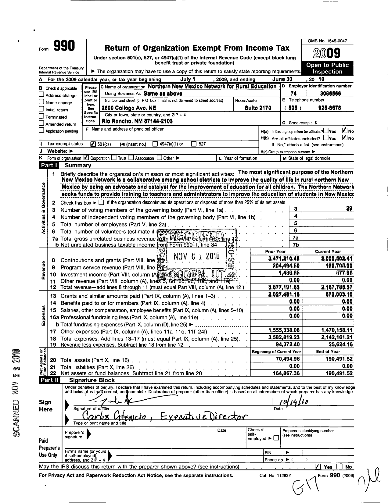 Image of first page of 2009 Form 990O for Northern New Mexico Network