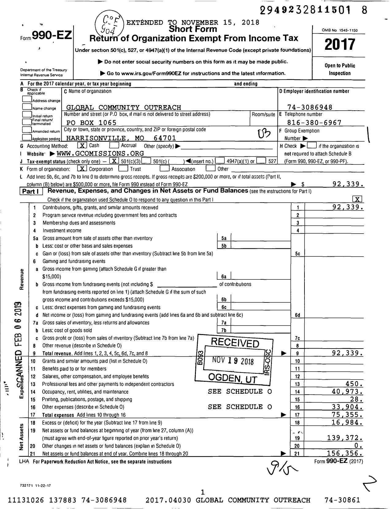 Image of first page of 2017 Form 990EZ for Global Community Outreach