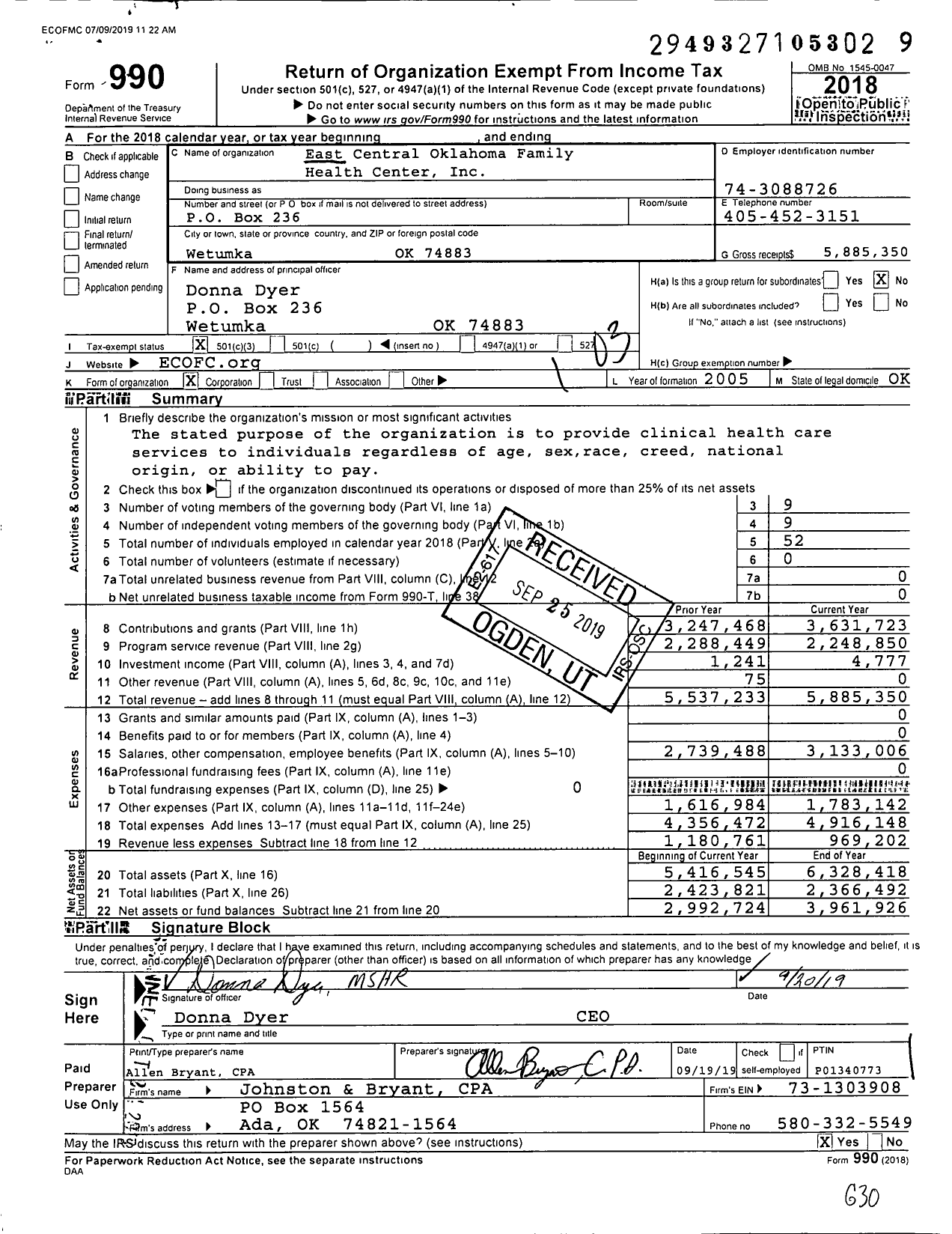 Image of first page of 2018 Form 990 for East Central Oklahoma Family Health Center (ECOFHC)
