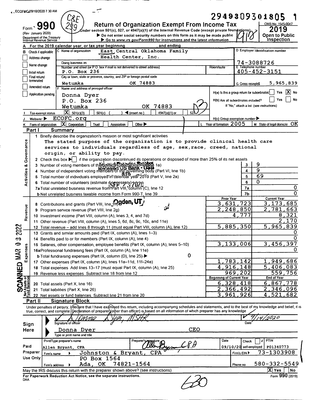 Image of first page of 2019 Form 990 for East Central Oklahoma Family Health Center (ECOFHC)