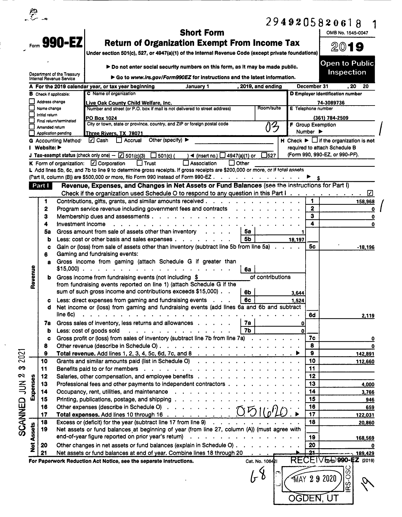 Image of first page of 2020 Form 990EZ for Live Oak County Child Welfare