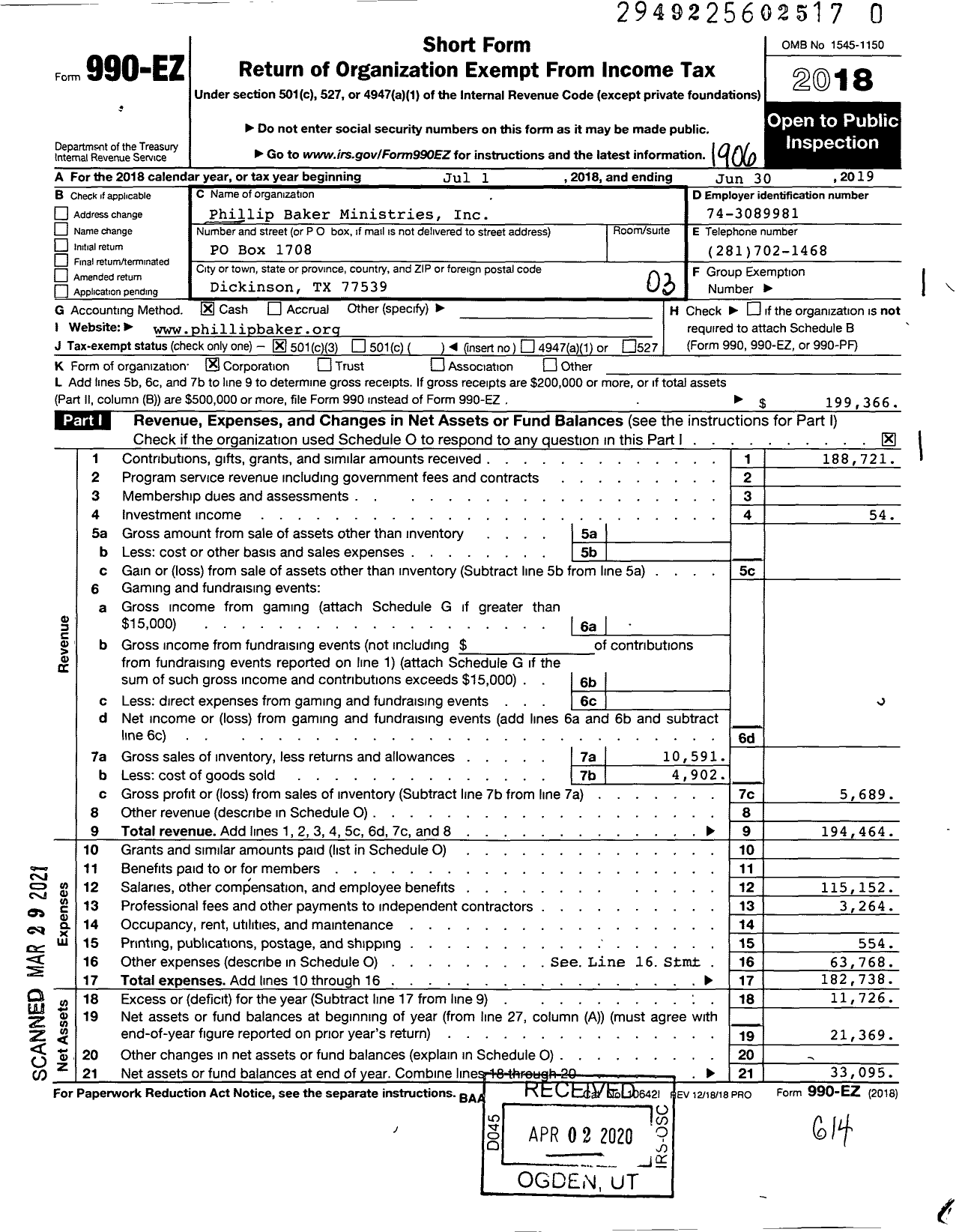 Image of first page of 2018 Form 990EZ for Phillip Baker Ministries