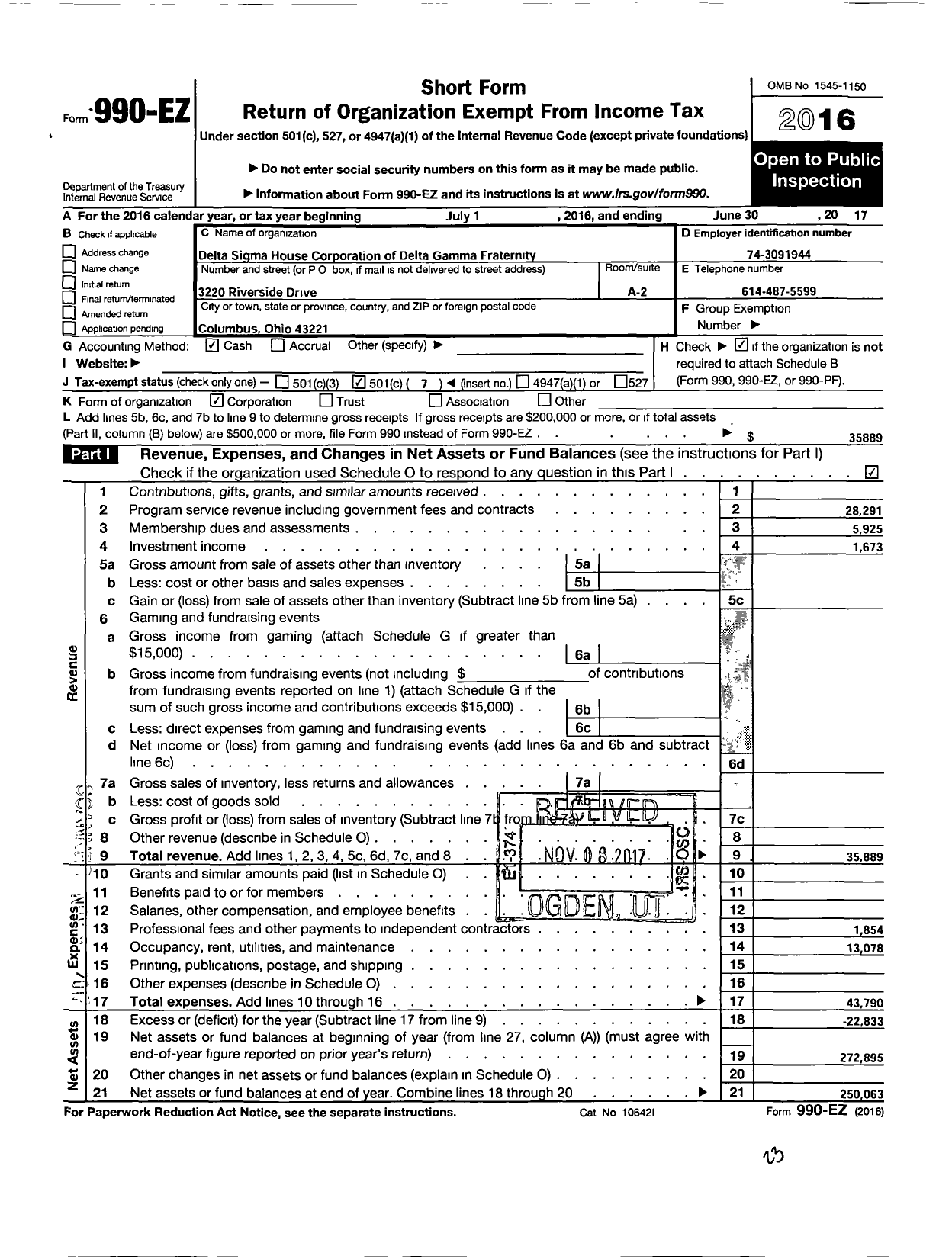 Image of first page of 2016 Form 990EO for Delta Sigma House Corporation of Delta Gamma Fraternity