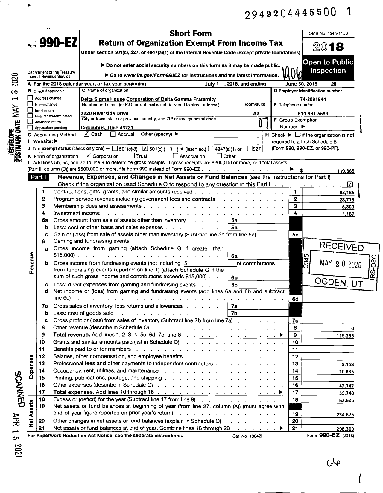 Image of first page of 2018 Form 990EO for Delta Sigma House Corporation of Delta Gamma Fraternity