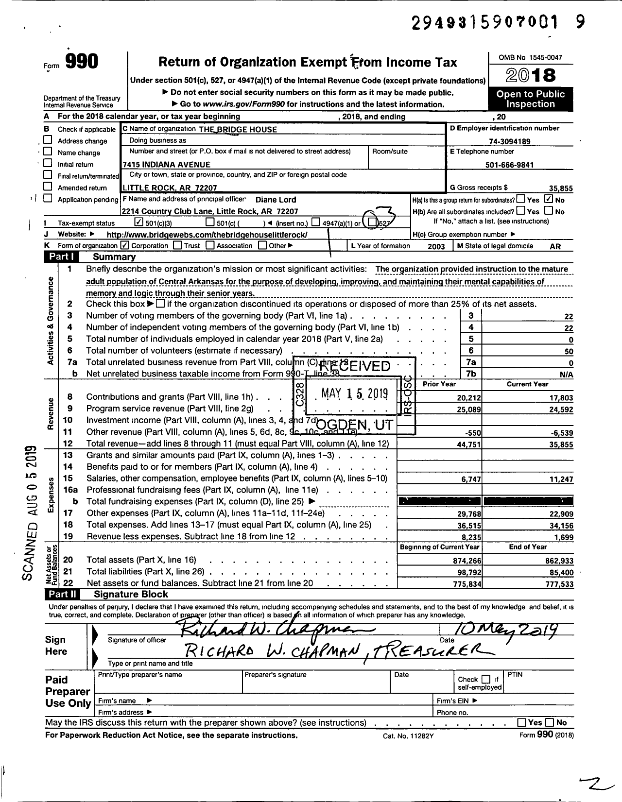 Image of first page of 2018 Form 990 for Curtis Finch Bridge House