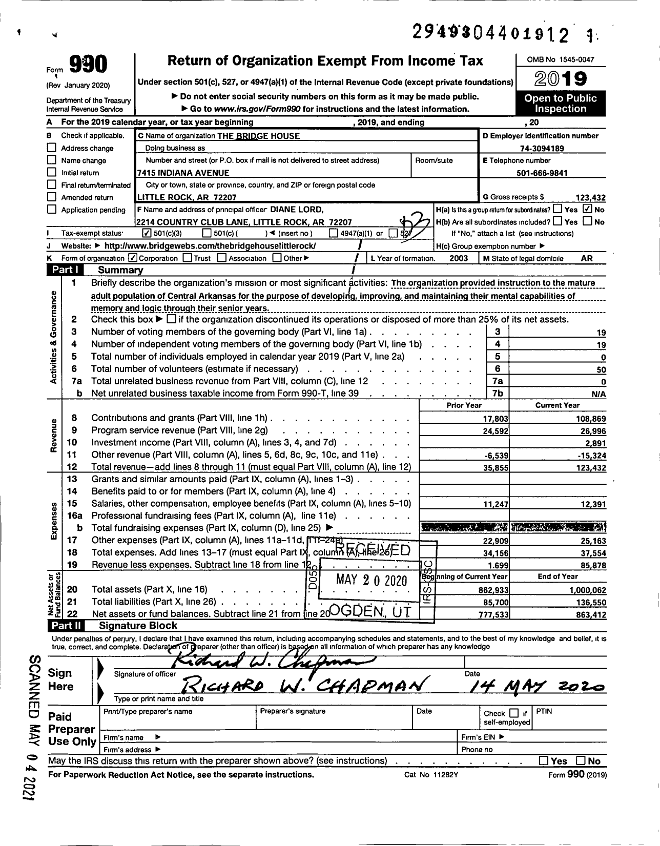 Image of first page of 2019 Form 990 for Curtis Finch Bridge House