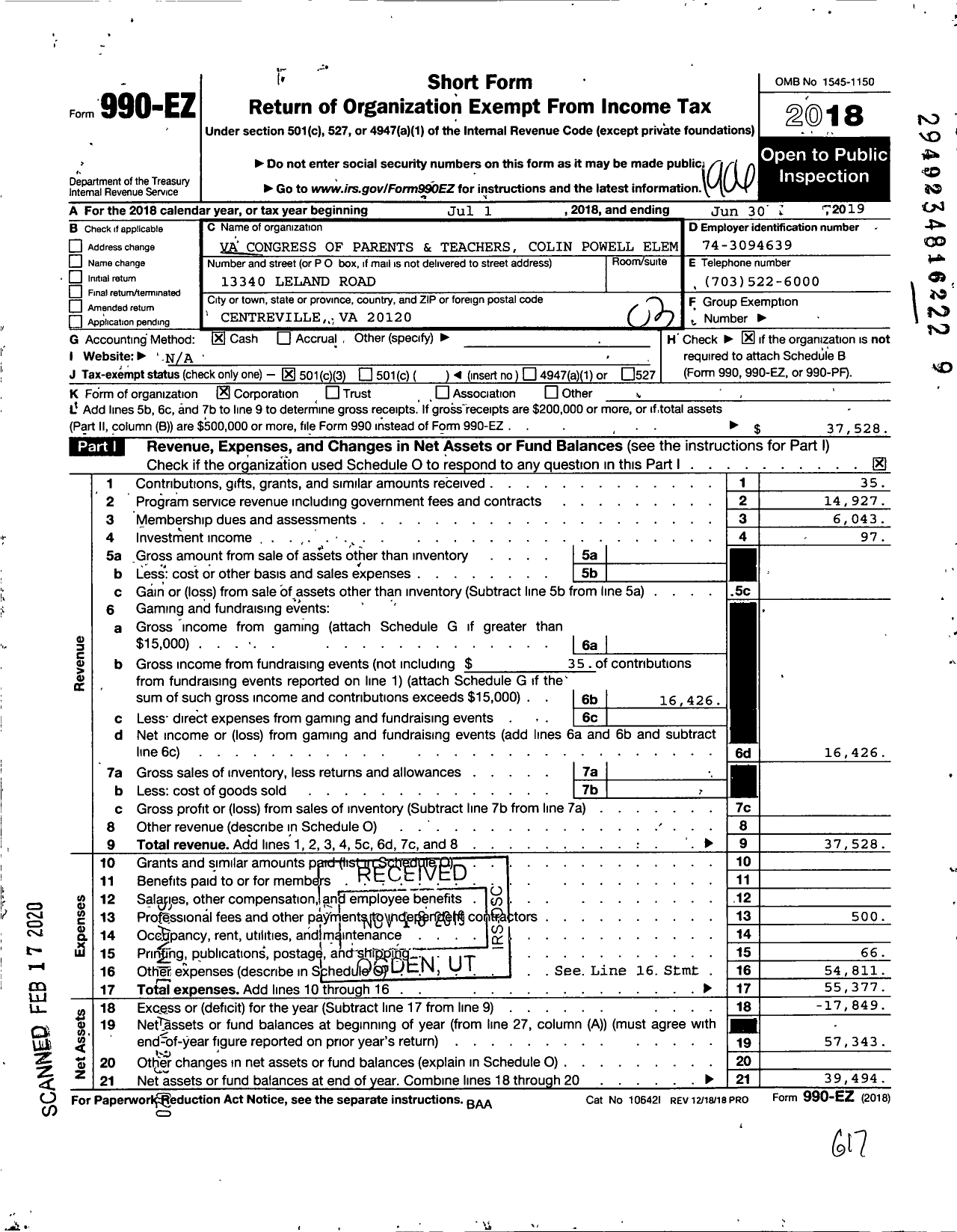 Image of first page of 2018 Form 990EZ for Virginia PTA - Colin L Powell Elementary PTA