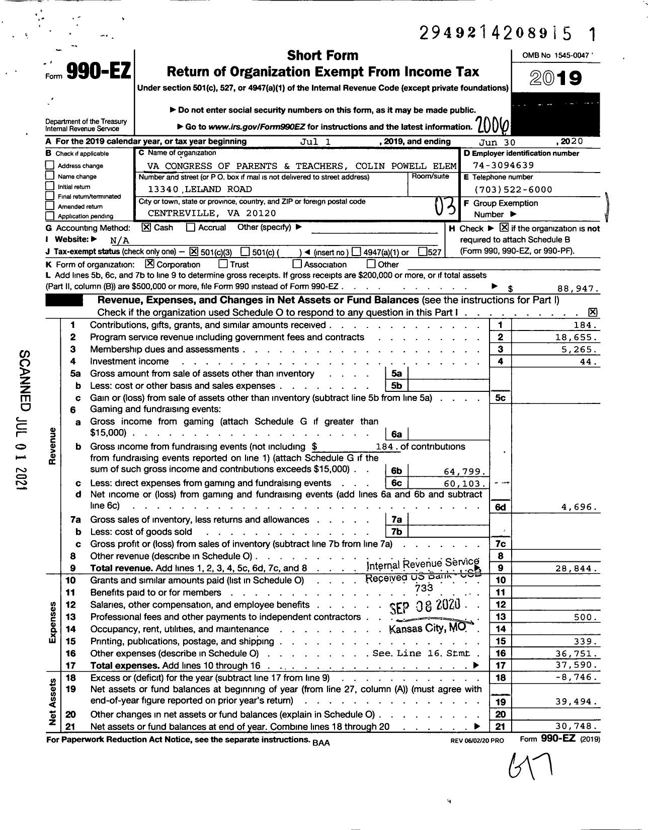 Image of first page of 2019 Form 990EZ for Virginia PTA - Colin L Powell Elementary PTA