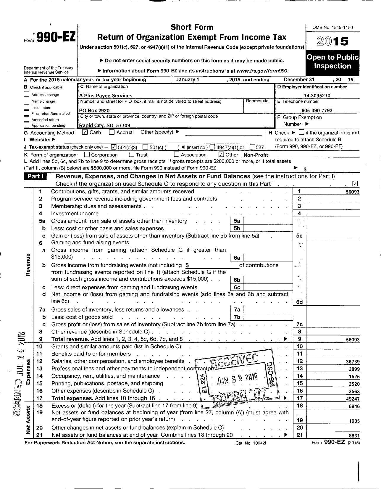 Image of first page of 2015 Form 990EZ for A Plus Payee Services