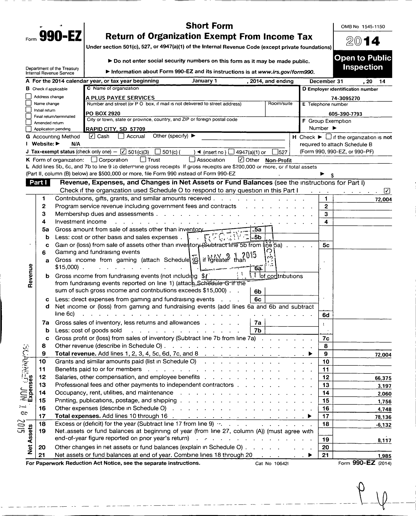 Image of first page of 2014 Form 990EZ for A Plus Payee Services
