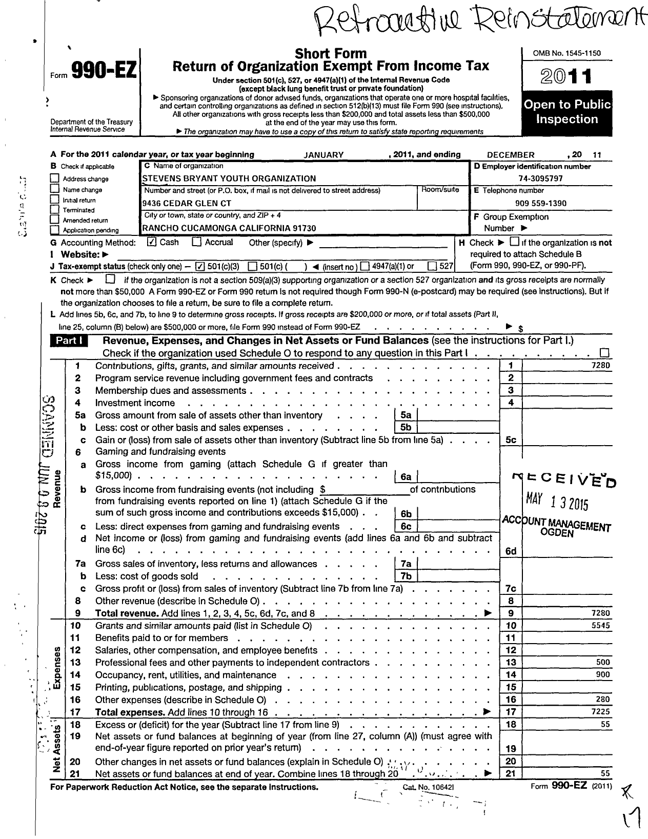 Image of first page of 2011 Form 990EZ for Stevens Bryant Youth Organization