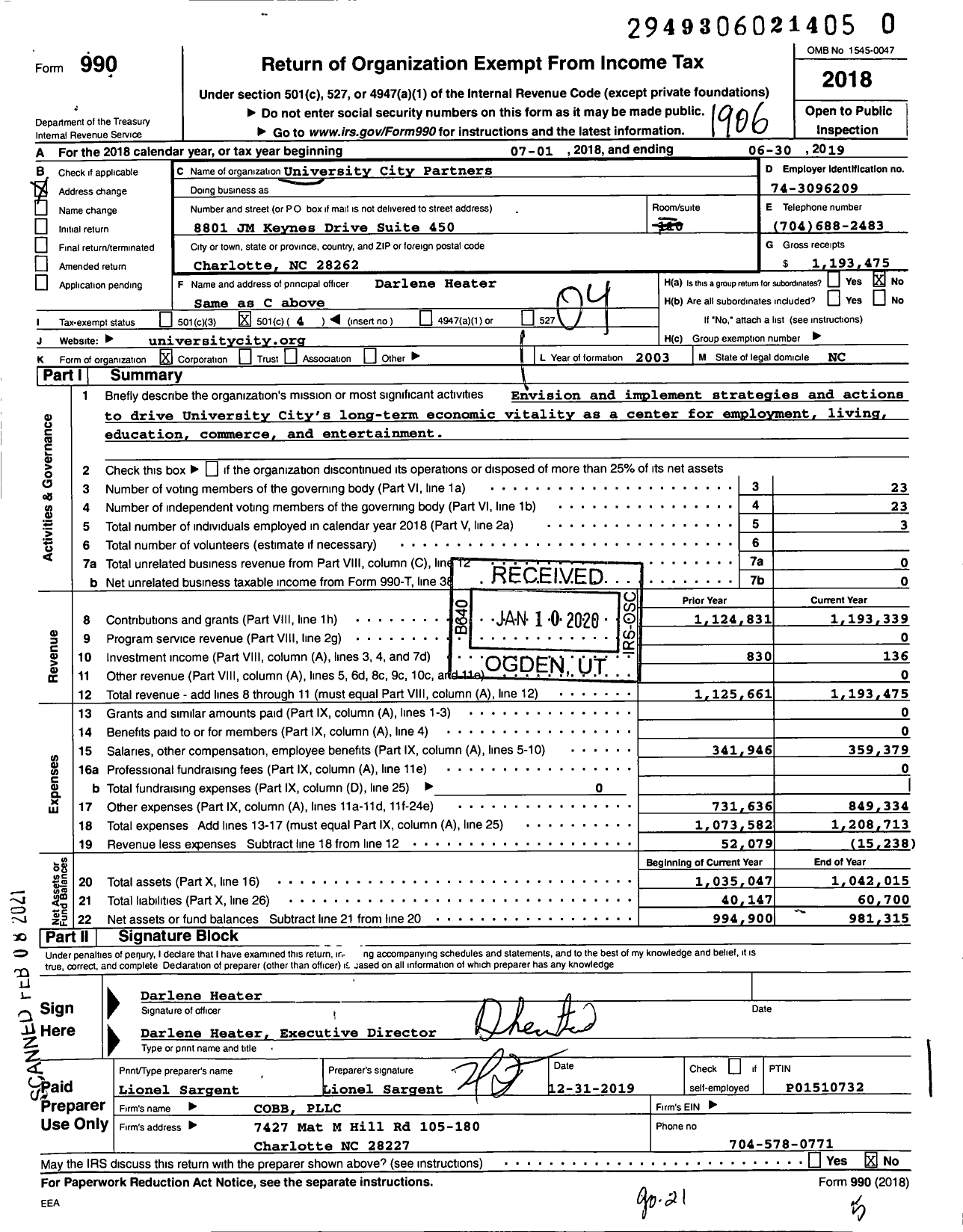 Image of first page of 2018 Form 990O for University City Partners