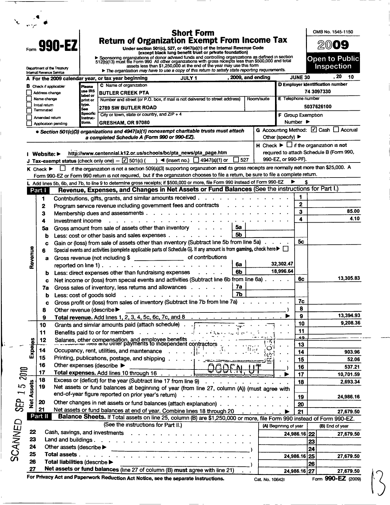 Image of first page of 2009 Form 990EO for PTA Oregon Congress / Butler Creek Elementary PTA