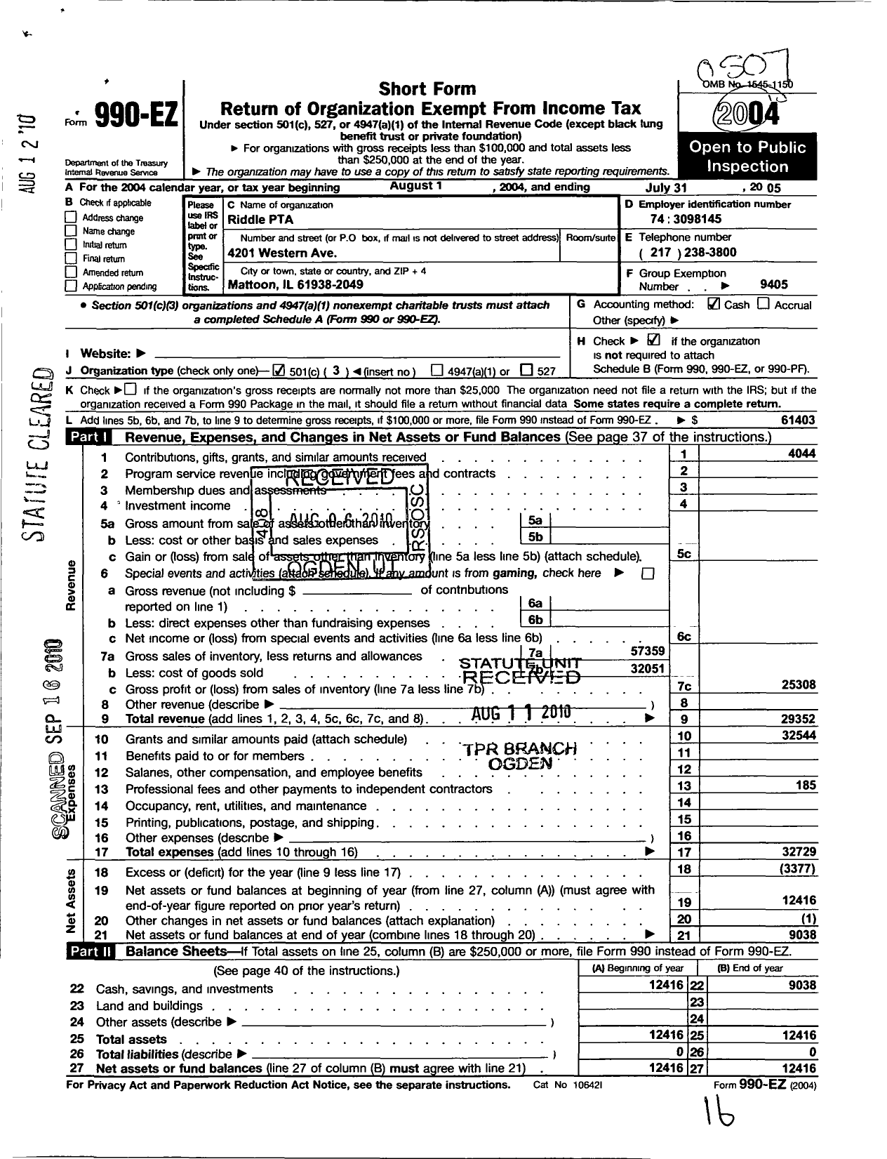 Image of first page of 2004 Form 990EZ for Illinois PTA - Riddle PTA