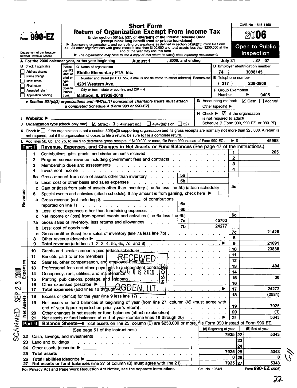 Image of first page of 2006 Form 990EZ for Illinois PTA - Riddle PTA