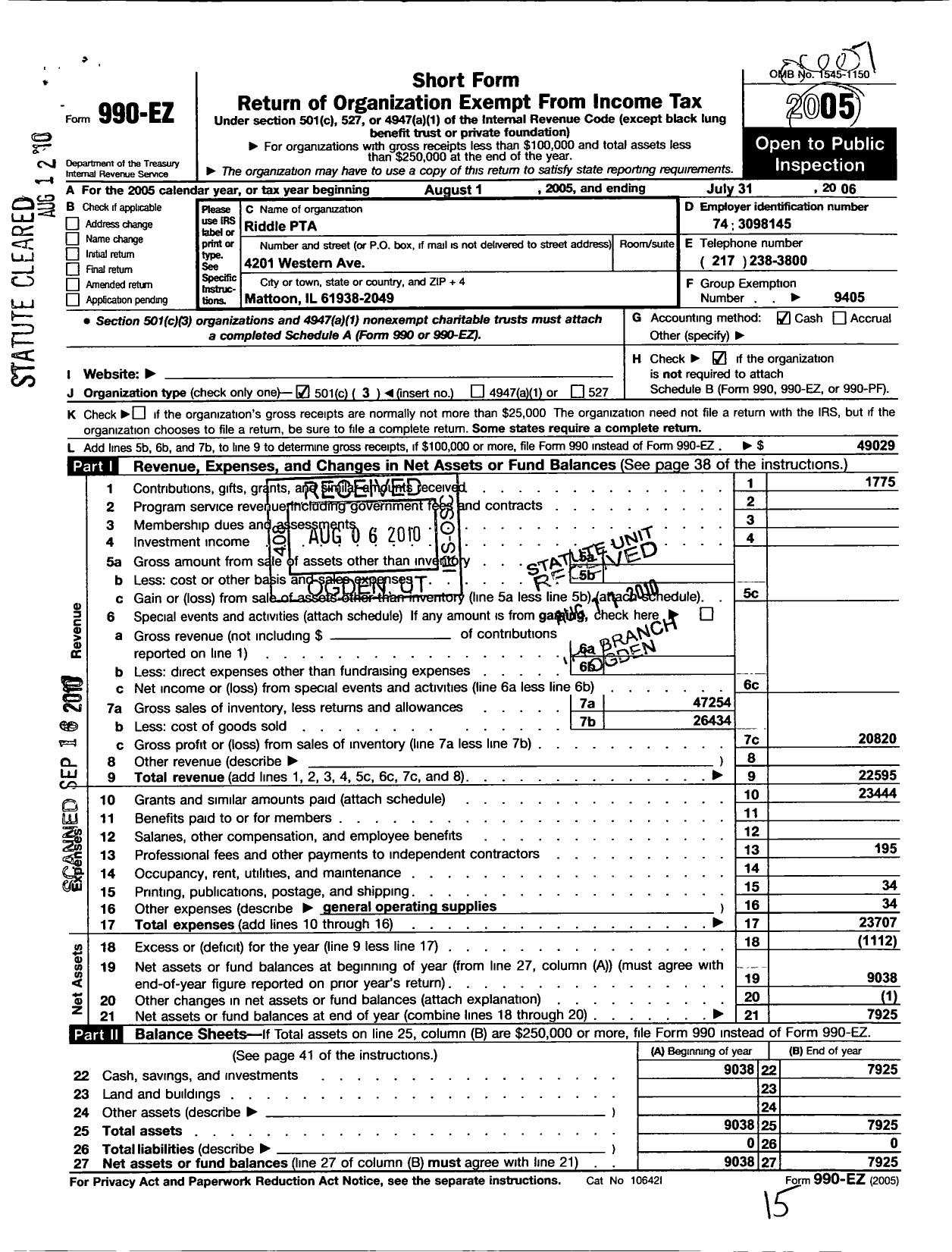 Image of first page of 2005 Form 990EZ for Illinois PTA - Riddle PTA