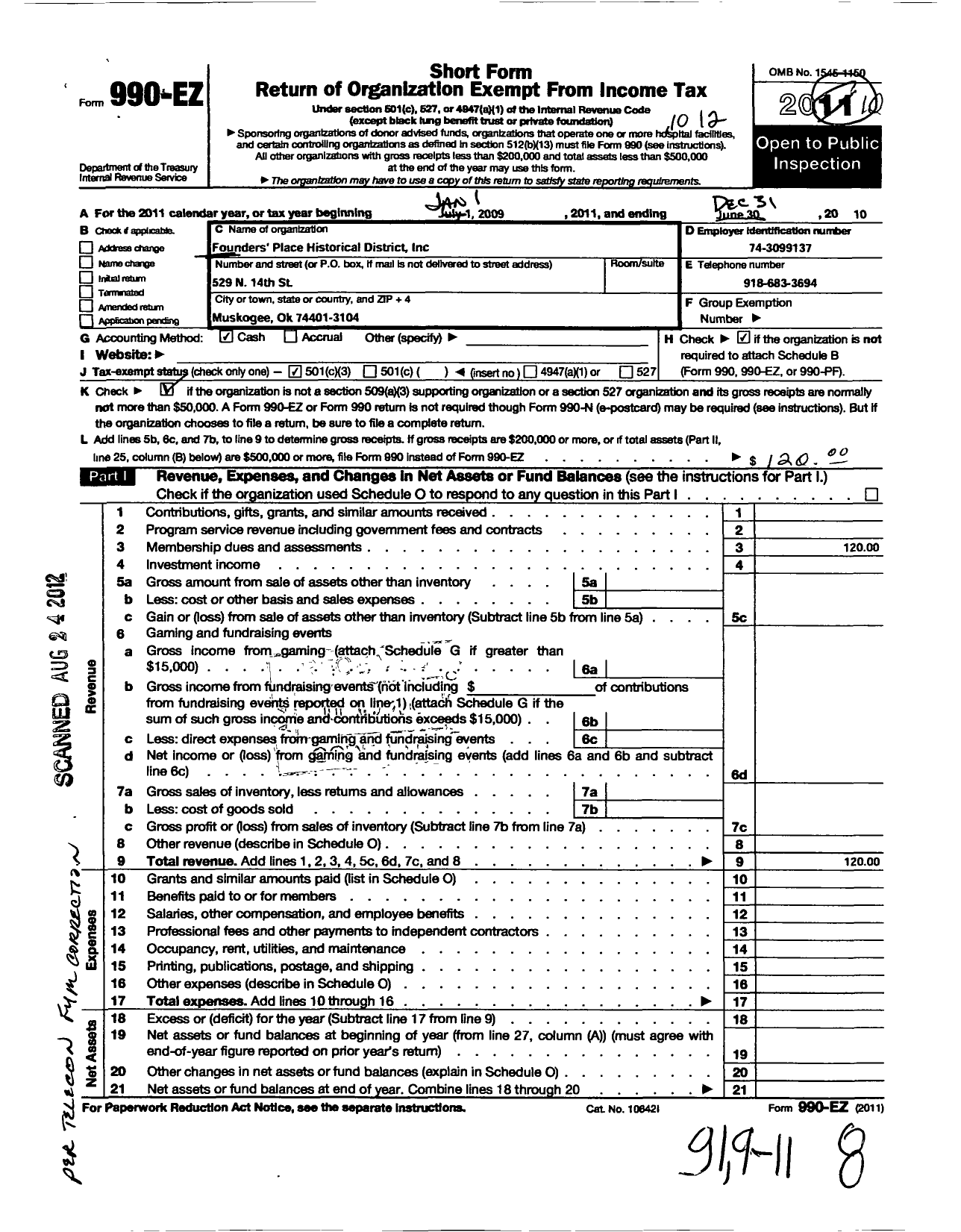 Image of first page of 2010 Form 990EZ for Founders Place Historical District