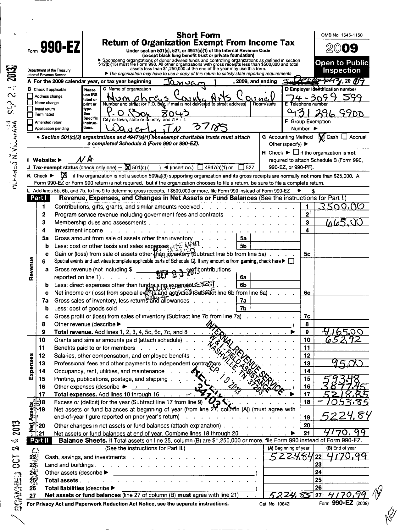 Image of first page of 2009 Form 990EO for Humphreys County Arts Council