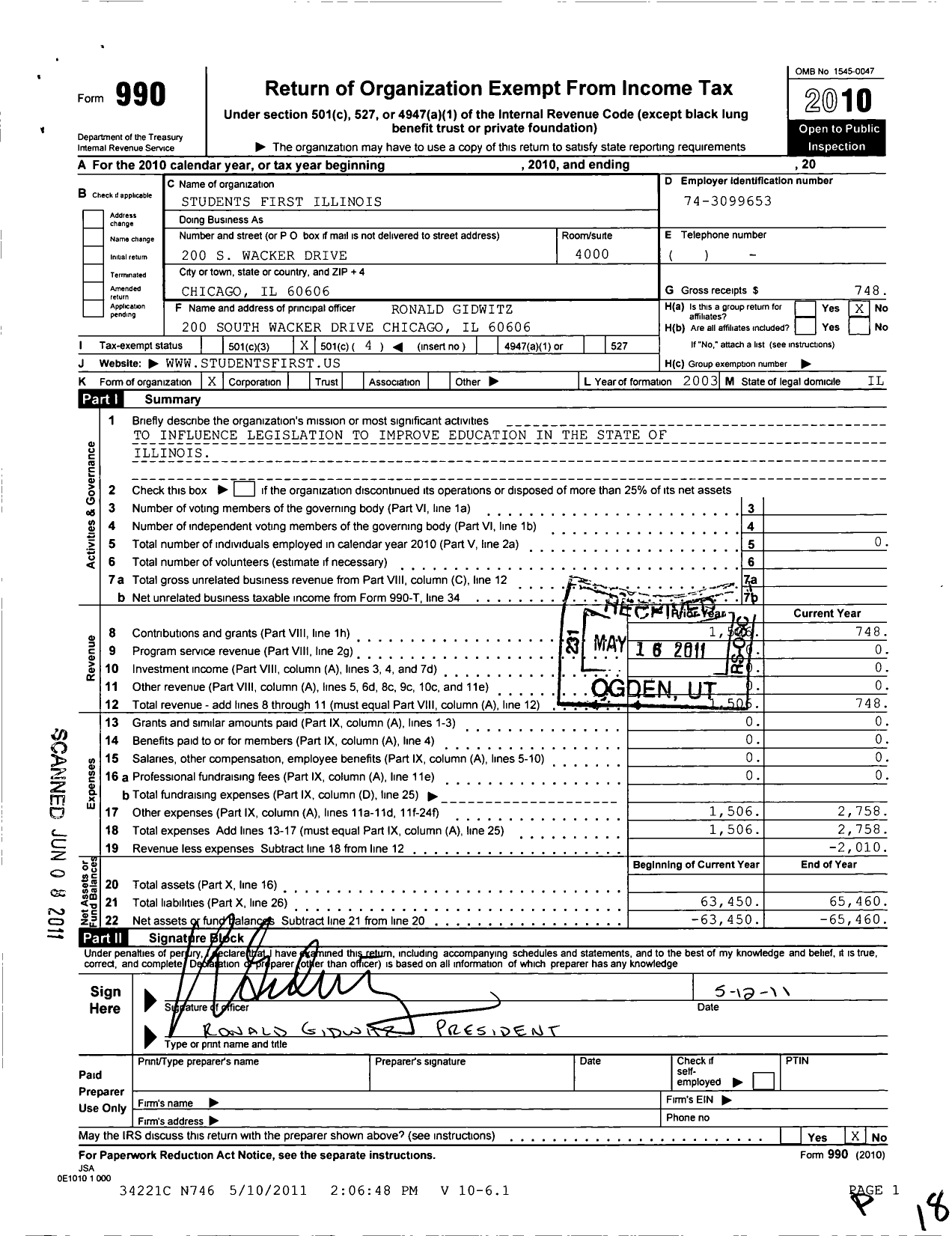 Image of first page of 2010 Form 990O for Students First Illinois