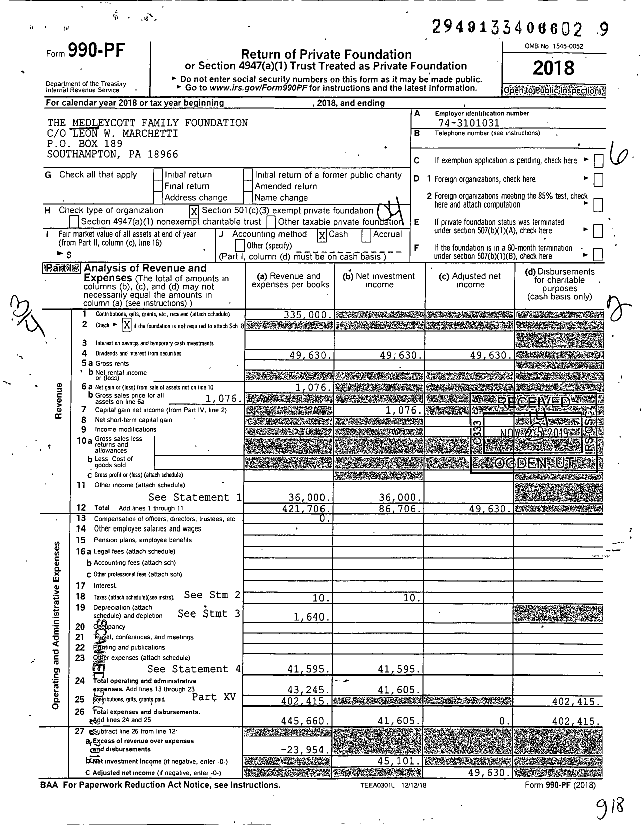 Image of first page of 2018 Form 990PF for Medleycott Family Foundation
