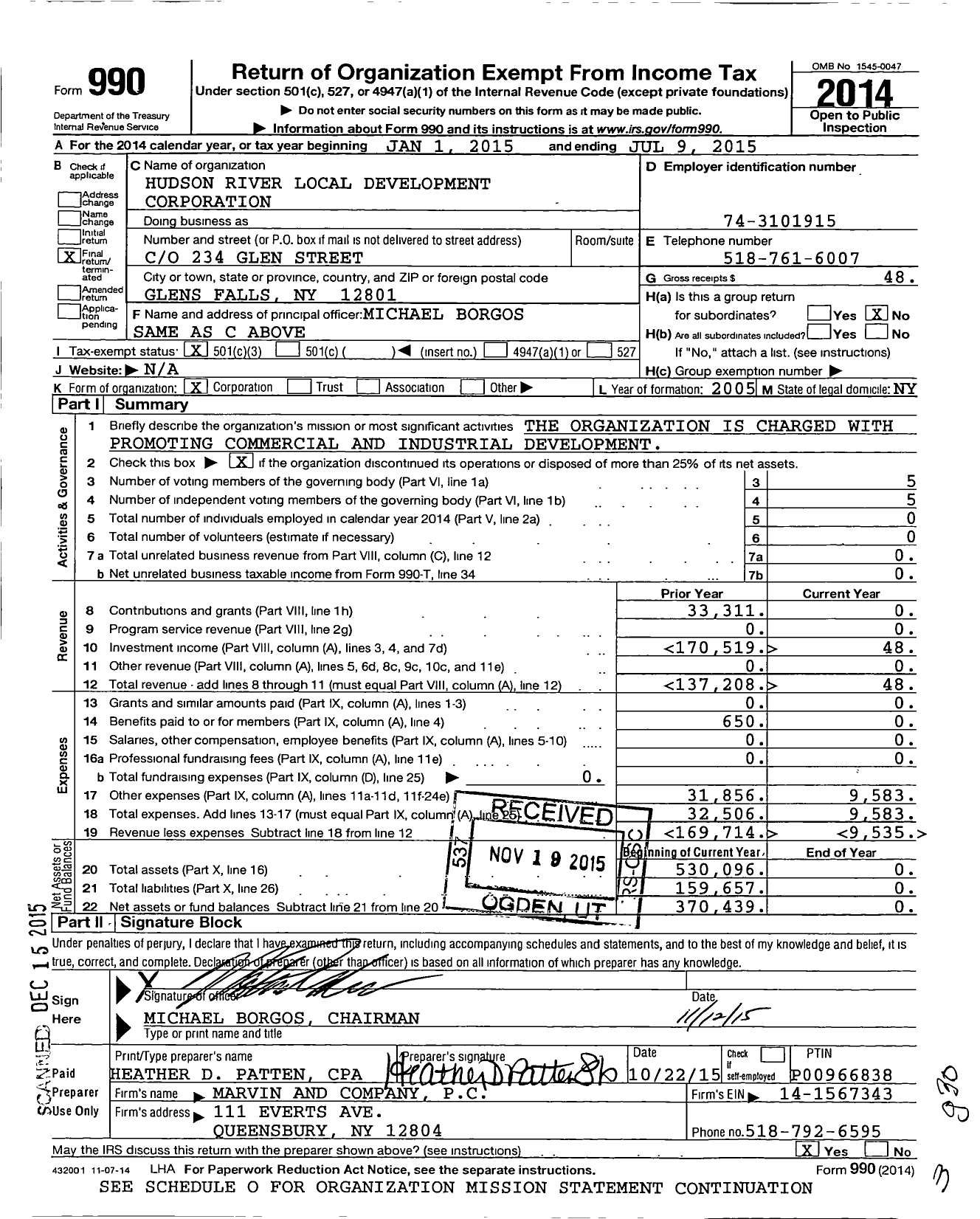 Image of first page of 2014 Form 990 for Hudson River Local Development Corporation