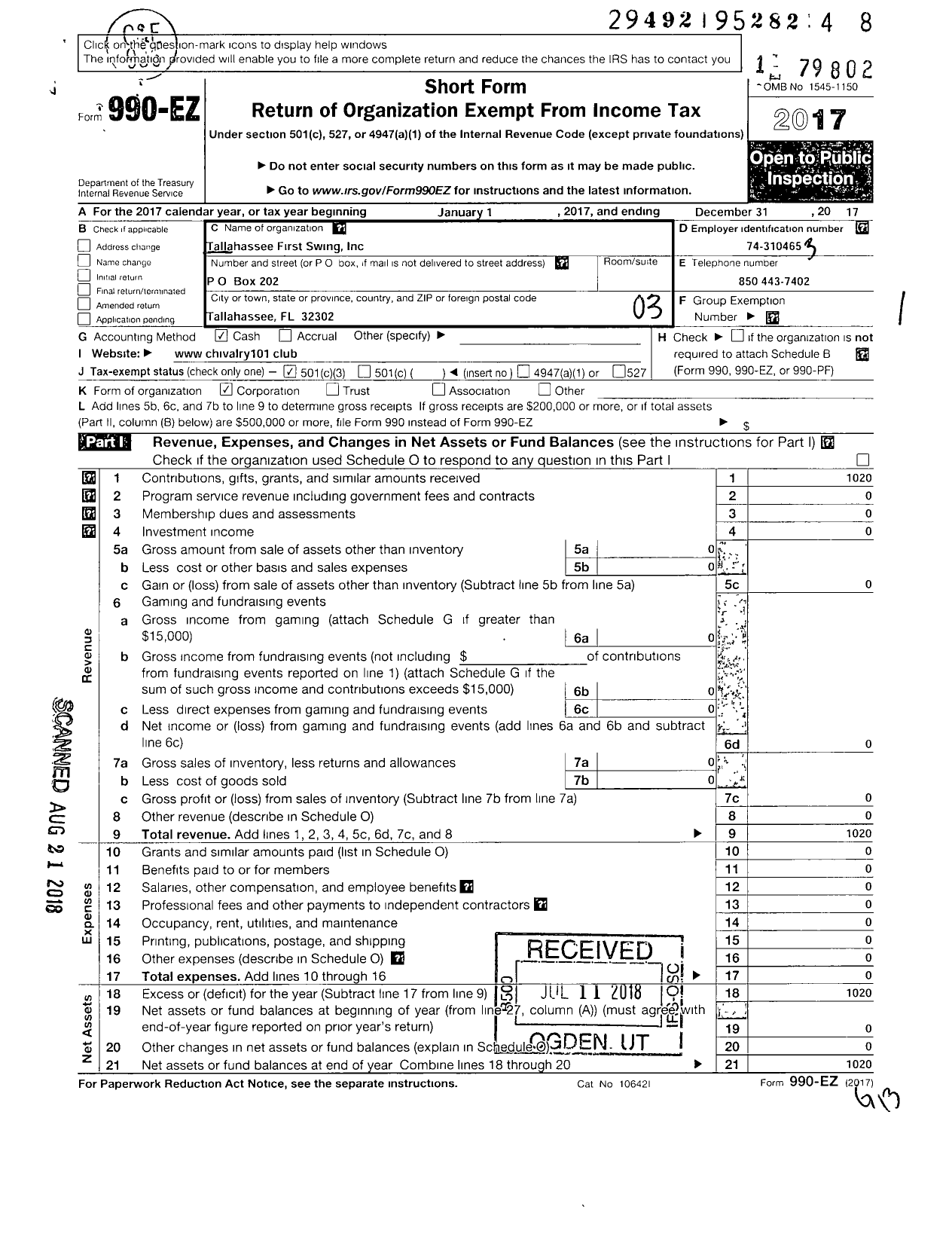 Image of first page of 2017 Form 990EZ for Tallahassee First Swing