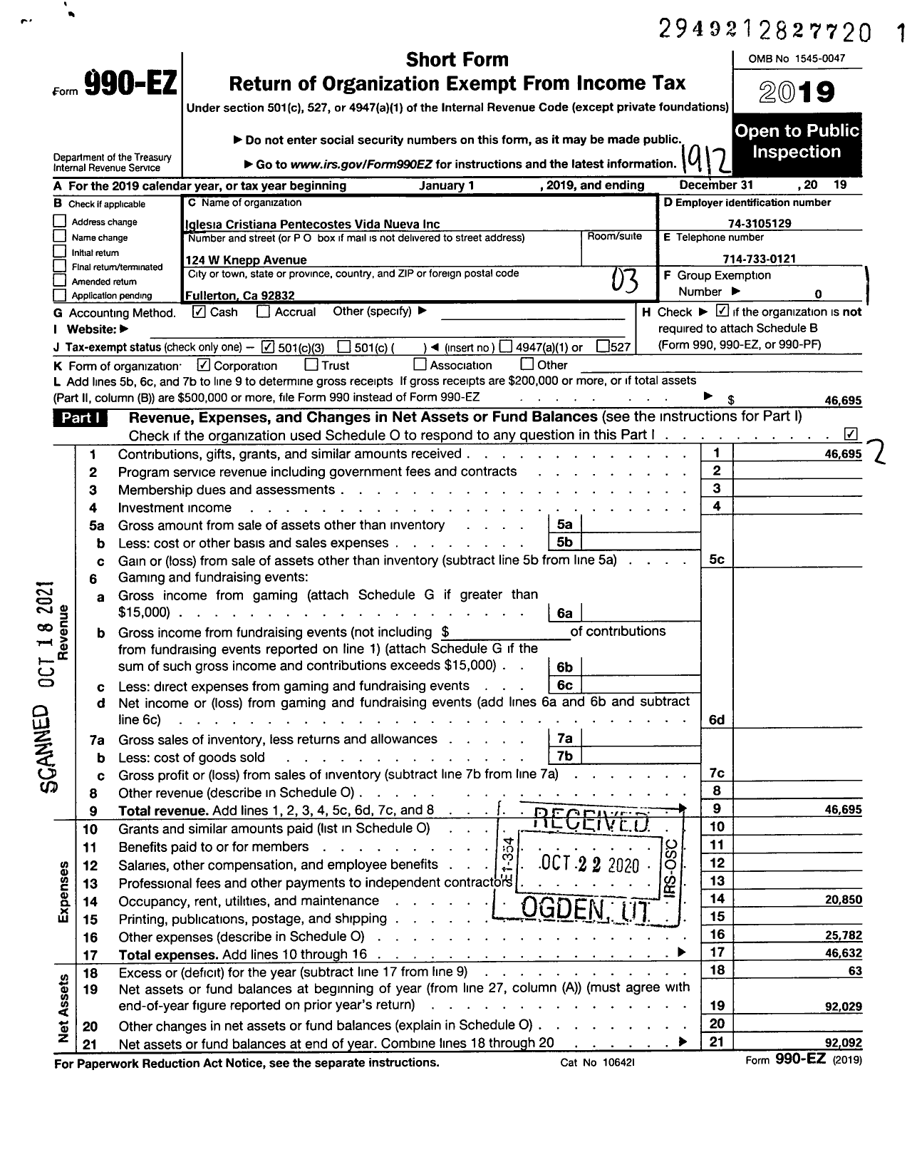 Image of first page of 2019 Form 990EZ for Iglesia Cristiana Pentecostes Vida Nueva