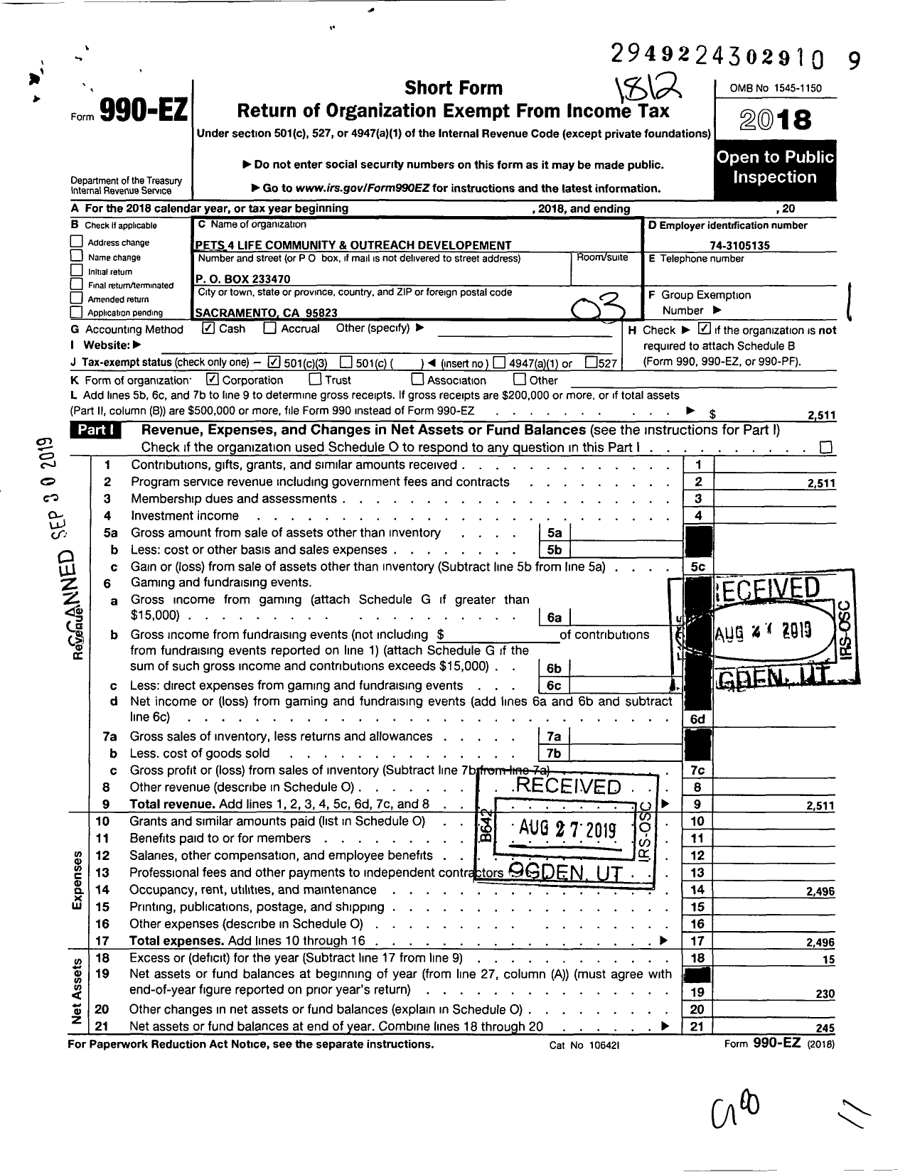 Image of first page of 2018 Form 990EZ for Pets4life Community Outreach Developement