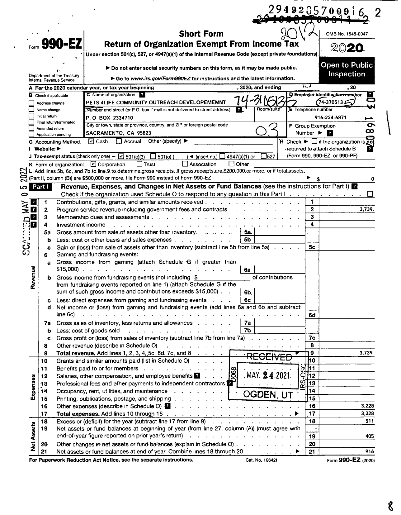 Image of first page of 2020 Form 990EZ for Pets4life Community Outreach Developement