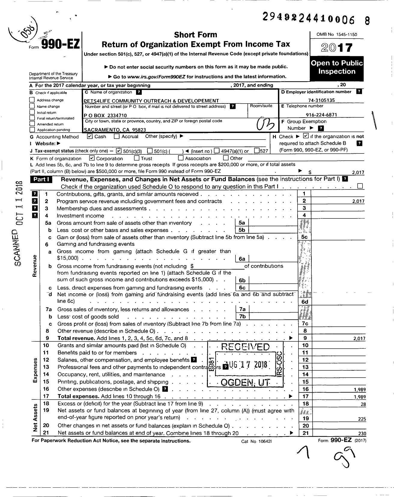 Image of first page of 2017 Form 990EZ for Pets4life Community Outreach Developement