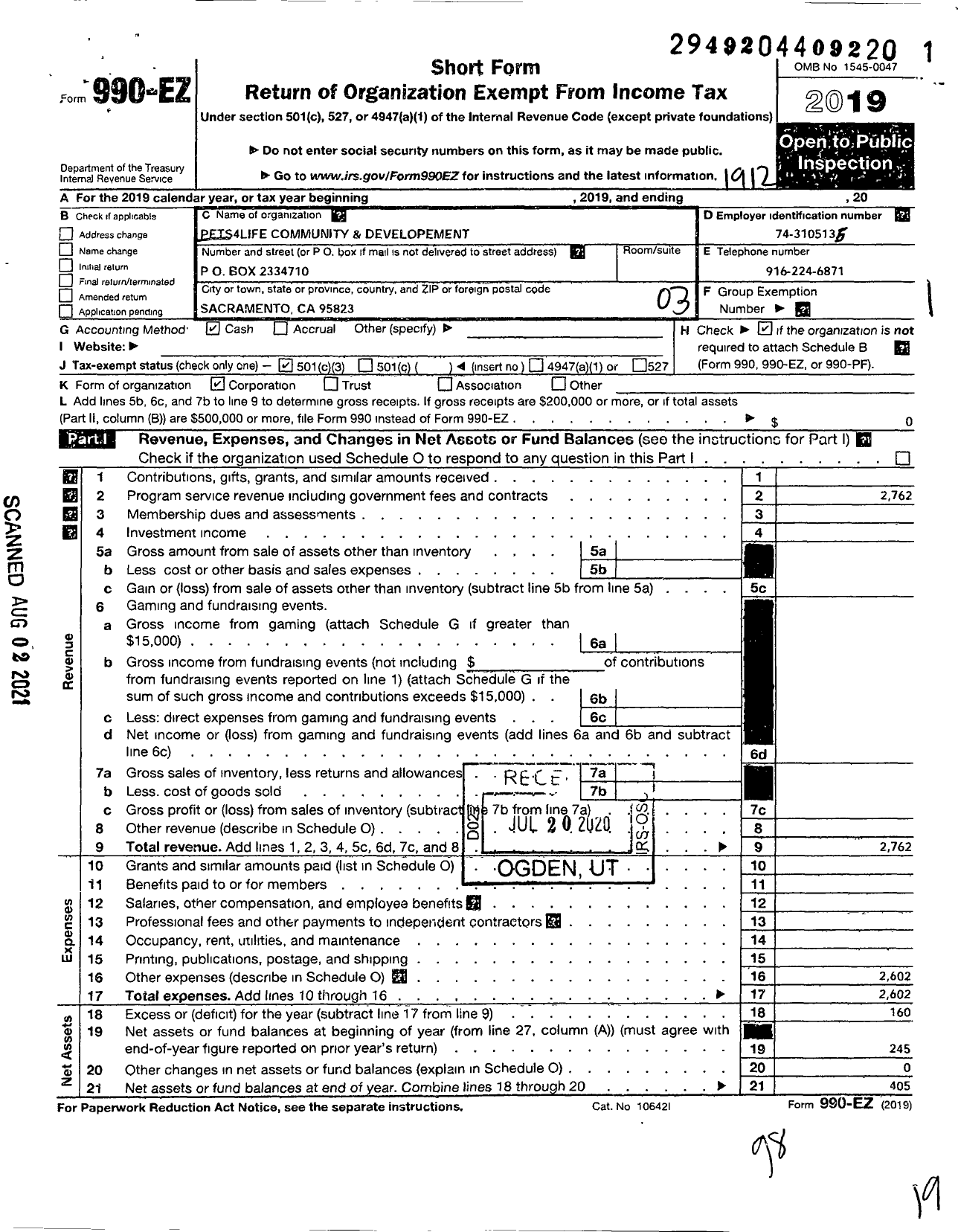 Image of first page of 2019 Form 990EZ for Pets4life Community Outreach Developement