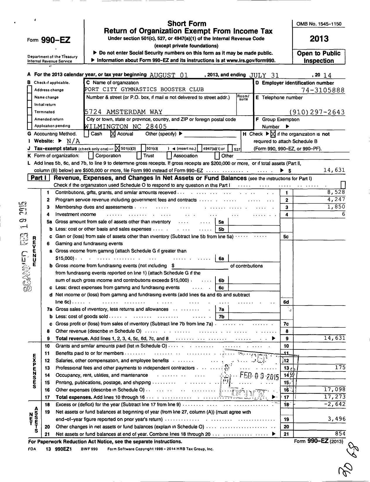 Image of first page of 2013 Form 990EZ for Port City Gymnastics Booster Club