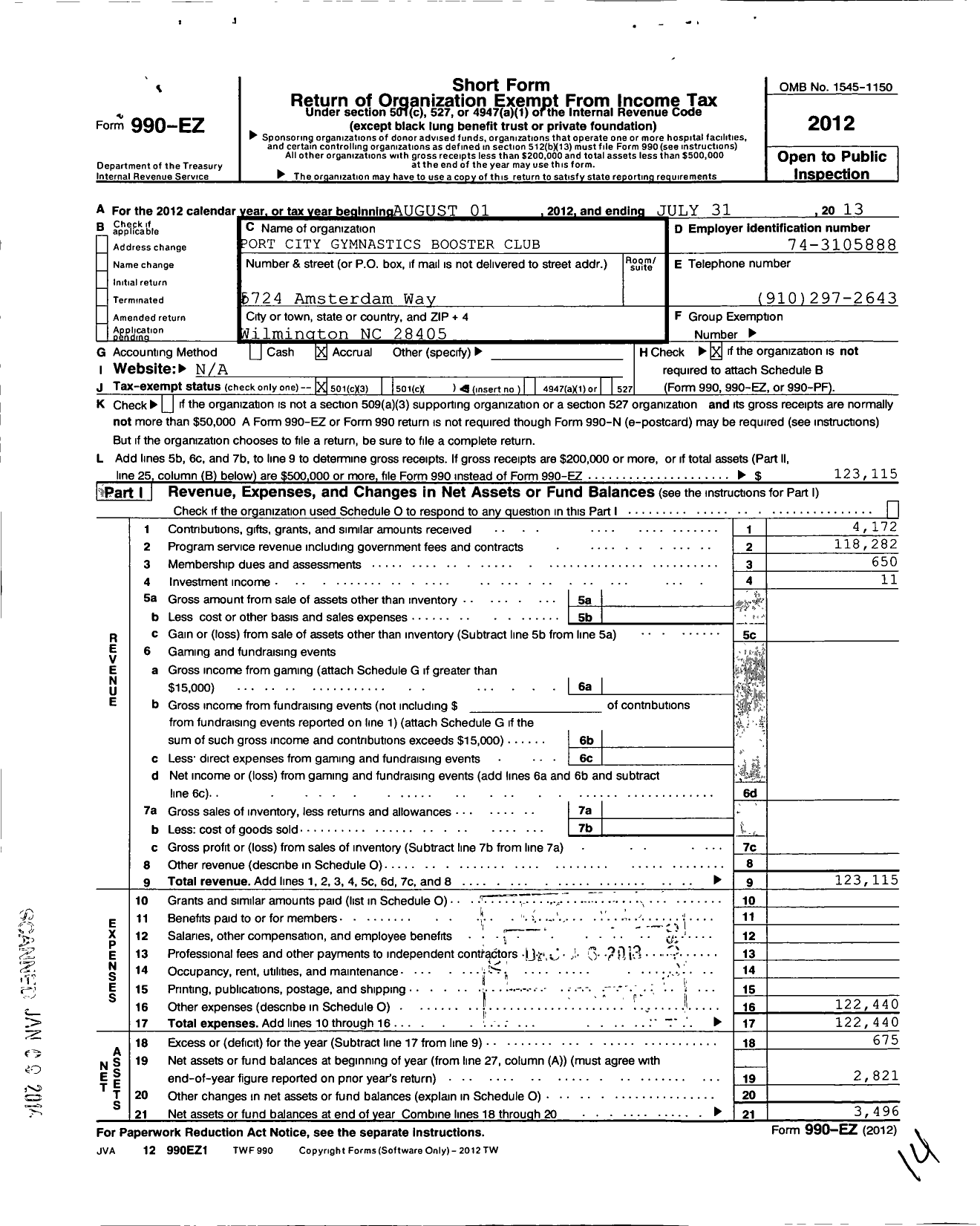 Image of first page of 2012 Form 990EZ for Port City Gymnastics Booster Club