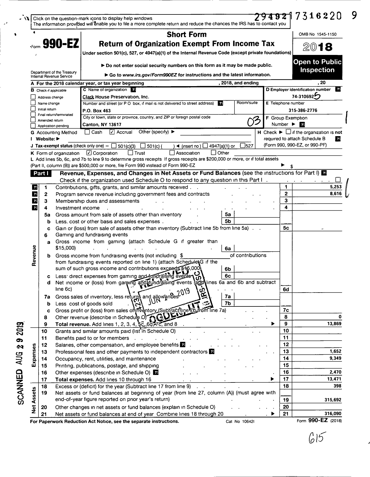 Image of first page of 2018 Form 990EZ for Clark House Preservation