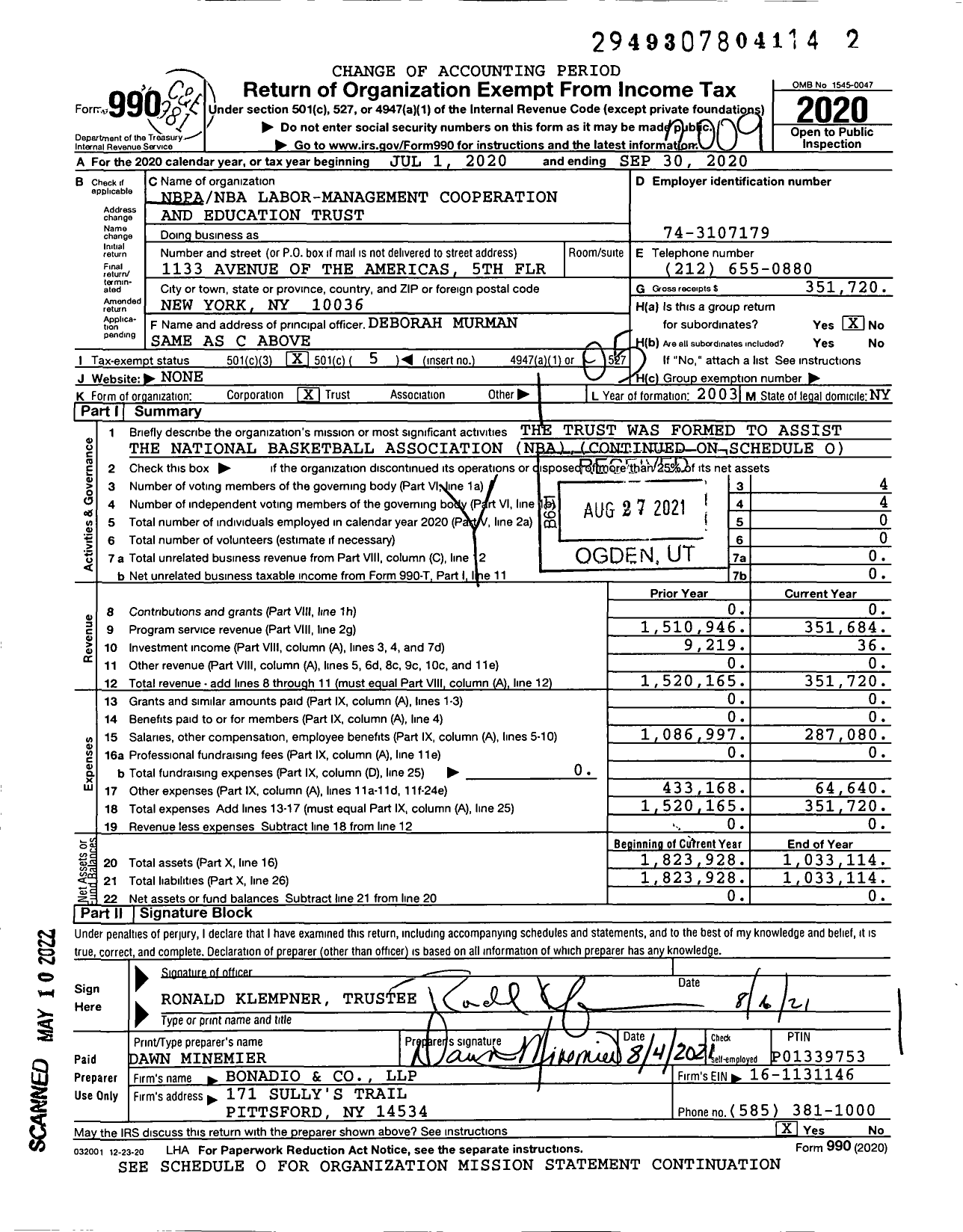Image of first page of 2019 Form 990O for Nbpanba Labor-Management Cooperation and Education Trust